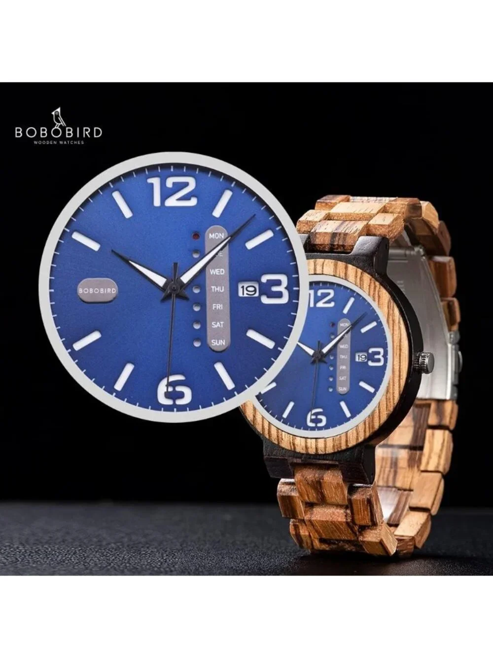 Men's Brown Blue Multi-Functional Quartz Lightweight Handmade Wrist Wooden Watch